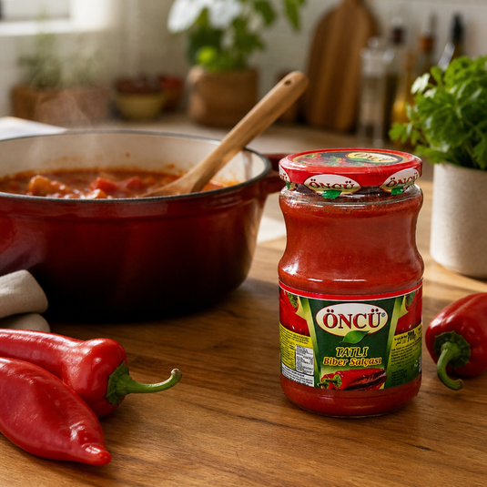 Pot de concentré de poivron doux ÖNCÜ 700g en cuisine avec plat mijoté