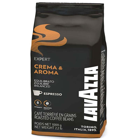 Lavazza Café en Grains Crema  Aroma – Mélange équilibré d’arabica et robusta, saveur intense et crème onctueuse – Idéal pour espresso et machines automatiques.