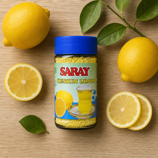 Thé instantané au citron SARAY Keskin Limon 200g - vue flat lay avec citrons